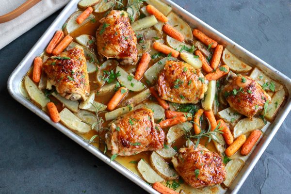 Pomegranate Roast Chicken with Potatoes and Carrots (An Easy Sheet Pan Meal)