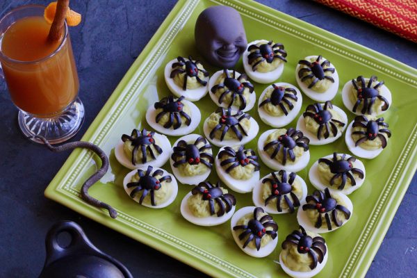 Green Spider Eggs (aka Avocado Deviled Eggs with Olive “Spiders”)